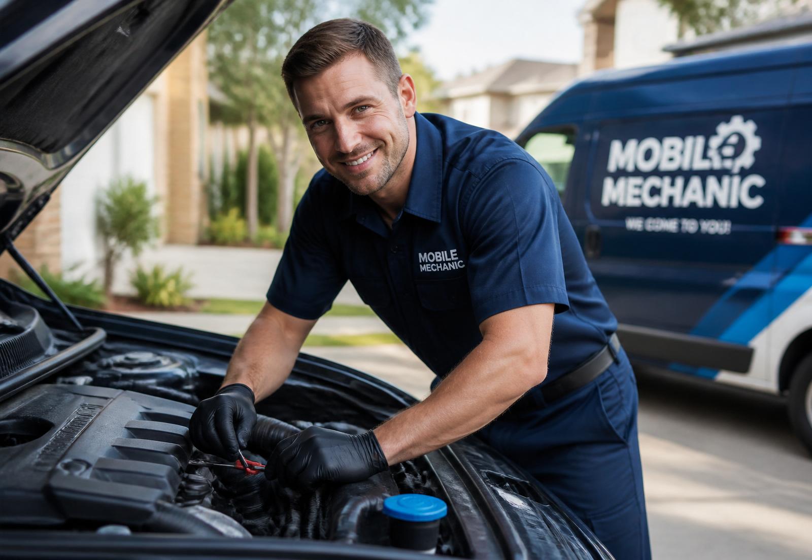 JLE Mobile Mechanical technician servicing a car engine in a driveway
